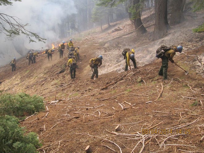 Plumas hot shots working on the Coffee Fire in the Trinity Alps Wilderness southwest of Mount Shasta Aug. 4, 2014. The fire was listed at 4,665 acres and 15 percent contained as of early Wednesday afternoon.