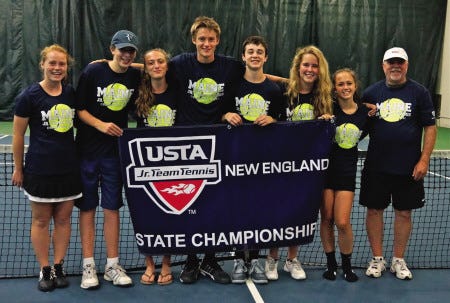 Courtesy photo
North Hampton Recreation recently won the USTA Junior Team Tennis Maine state 18-and-under championship. Members of the team, pictured from left, included Claudia Waddingham of Rye, Sam Ades of New Castle, Melissa Wood of Stratham, Garret Husslage of Rye, Cam Maher of Exeter, Blaine Stevens of Rye, Kira Winter of Eliot, Maine, and coach Mark Moulton.
