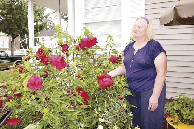 Kathy Winklepleck poses with some of her favorite flowers — hibiscus. Winklepleck is recipient of Sturgis Garden Club’s Garden of the Month for July.