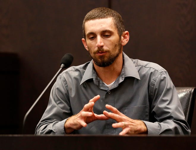 Levy County resident Jesse Everidge describes how he and his brother-in-law James Rains found the remains of Christian Aguilar while the two searched for jasmine vines in the Gulf Hammock Hunt Club, during Pedro Bravo's murder trial in Courtroom 1B of the Alachua County Criminal Justice Center Friday. Bravo is accused of killing University of Florida student Christian Aguilar.