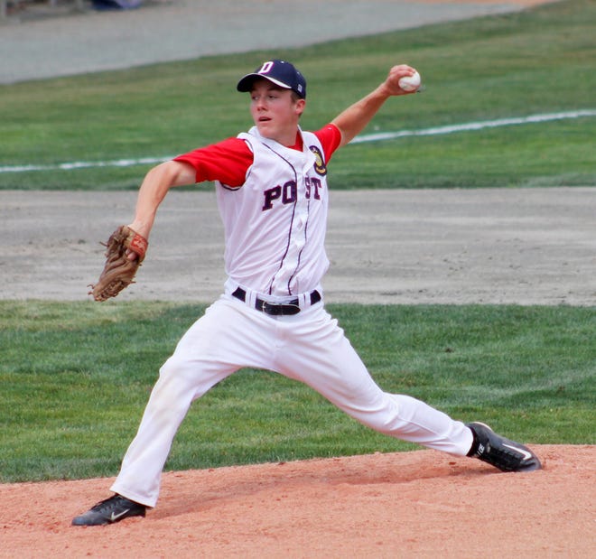 Dover’s American Legion Post 8 pitcher Robby Sheldon delivers to an Essex Junction, Vt., batter at the American Legion Northeast Regional tournament on Friday at Pomfret Stadium.