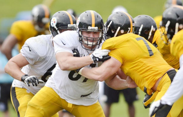 Chris Elkins (61) goes up against Josh Mauro (71) during a drill at Pittsburgh Steelers training camp on Monday, July 28, 2014, at Heinz Field.