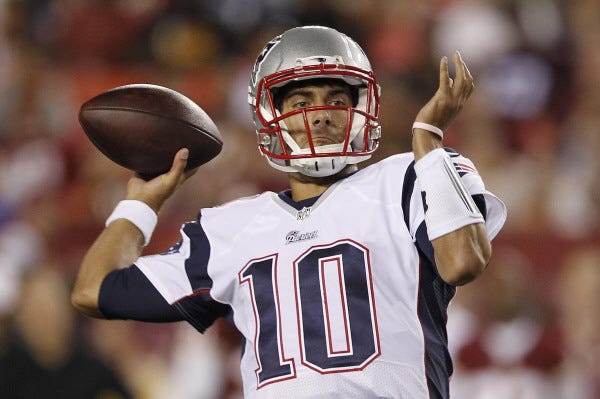 New England Patriots quarterback Jimmy Garoppolo passes the ball during the second half of an NFL football preseason game against the Washington Redskins in Landover, Md., Thursday, Aug. 7, 2014.