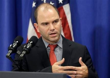 Deputy National Security Adviser for Strategic Communications and Speechwriting, Ben Rhodes, speaks during a news briefing in Edgartown, Mass., on the island of Martha's Vineyard, Wednesday, Aug. 13, 2014. Rhodes discussed the refugee and conflict conditions in Northern Iraq.