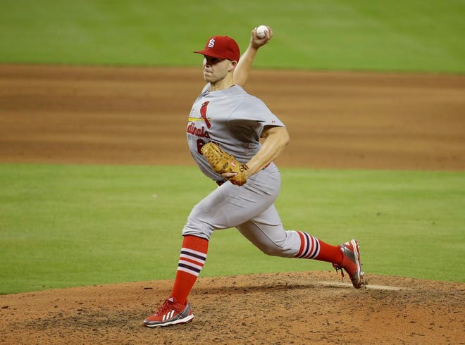 St. Louis Cardinals starting pitcher Justin Masterson throws in the sixth inning during a game against the Miami Marlins on Wednesday in Miami. The Cardinals won 5-2.