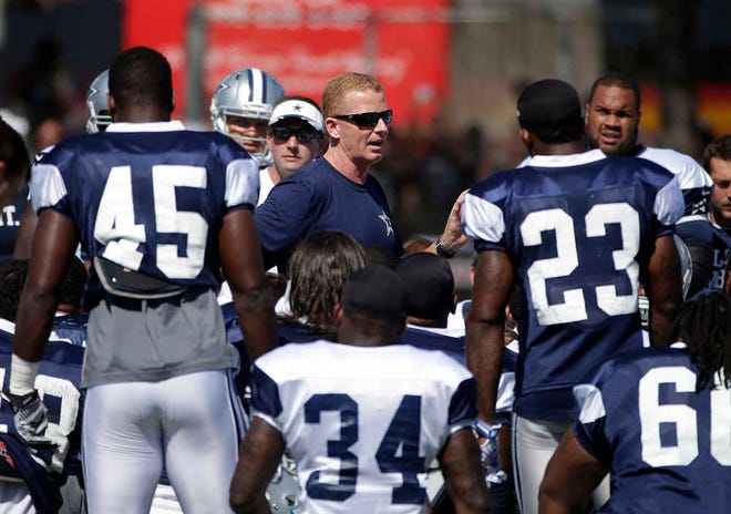 Dallas Cowboys head coach Jason Garrett, center, talks to his players during a joint football practice with the Oakland Raiders this week in Oxnard, Calif. The Cowboys return home with possibly more questions about their defense now than when training camp first started.