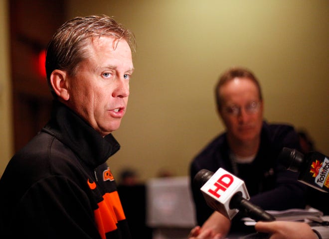 OKLAHOMA STATE UNIVERSITY / OSU / COLLEGE FOOTBALL: Oklahoma State's Todd Monken talks to the media during an Oklahoma State press conference for the Fiesta Bowl at the Camelback Inn in Paradise Valley, Ariz., Thursday, Dec. 29, 2011. Photo by Sarah Phipps, The Oklahoman