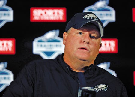 Philadelphia Eagles head coach Chip Kelly, the New Hampshire native and former UNH assistant, speaks during a news conference prior to Wednesday’s training camp joint practice in Foxborough, Mass.