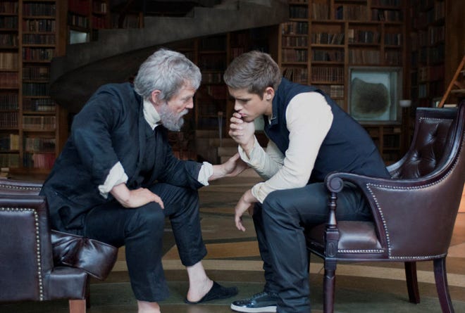 Brenton Thwaites, left, listens as Jeff Bridges continues his instruction for his coming role as "The Giver" in the film version of Lois Lowry's Newbery Medal-winning novel.
