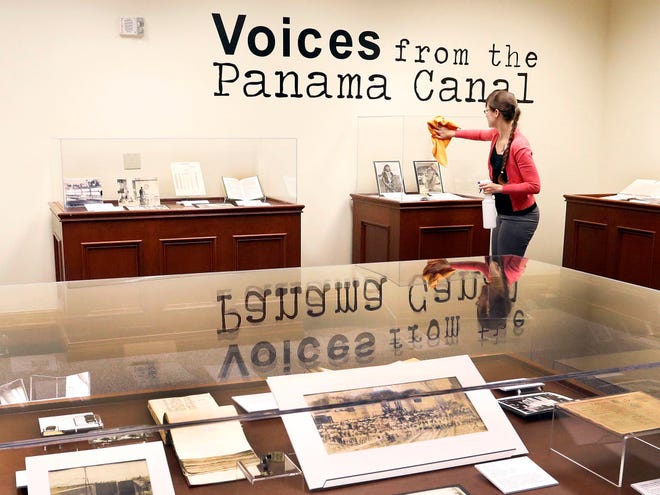 Erica Brough/Staff photographer
Museum studies student and volunteer Megan Daly helps with the “Voices from the Panama Canal” exhibit in the second floor gallery of the Smathers Library on the University of Florida campus on Aug. 8.