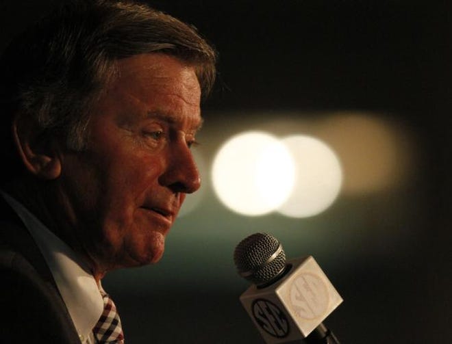 South Carolina Coach Steve Spurrier speaks to media at the Southeastern Conference media days on Tuesday, July 15, 2014, in Hoover, Ala.