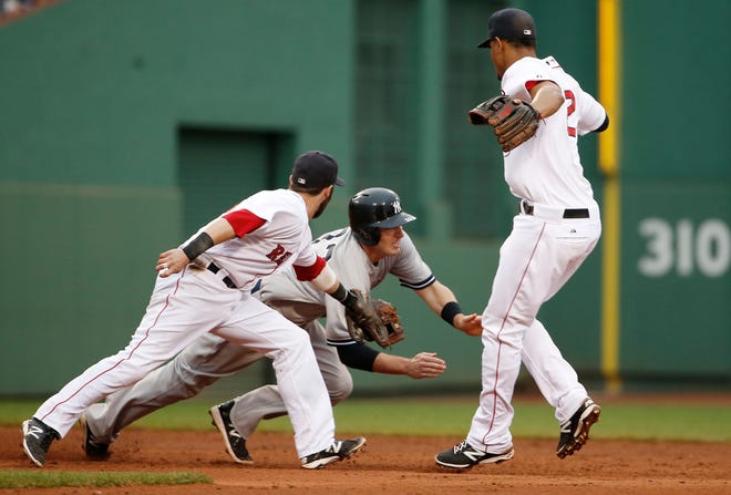 New York Yankees' Stephen Drew is tagged out by Boston Red Sox second baseman Dustin Pedroia after being caught off second base after a strike out as Xander Bogaerts looks on during the seventh inning of a baseball game at Fenway Park in Boston Saturday, Aug. 2, 2014.