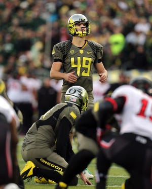 Oregon kicker Matt Wogan has improved his range on field goals and his hang time on punts while working with strength and conditioning coach Jim Radcliffe during the offseason. (Chris Pietsch/The Register-Guard)