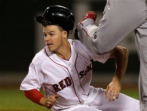 Los Angeles Angels second baseman Howie Kendrick knocks the helmet off Boston Red Sox' Brock Holt's head during a double play on a ball hit by Dustin Pedroia in the sixth inning of a baseball game at Fenway Park in Boston, Monday, Aug. 18, 2014.