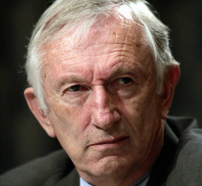 FILE - This May 25, 2006 file photo shows Sen. Jim Jeffords, I-Vt. on Capitol Hill in Washington. Jeffords, who in 2001 tipped control of the Senate when he quit the Republican Party to become an independent has died. James Jeffords was 80. (AP Photo/Charles Dharapak, File)