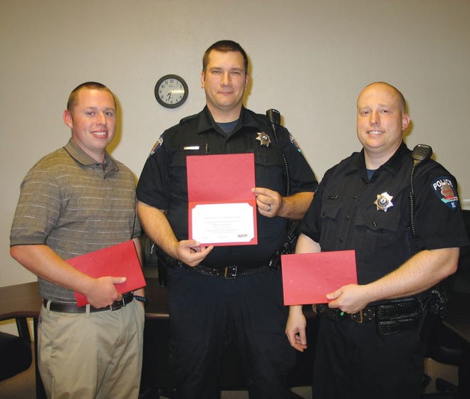 The Alliance Against Intoxicated Motorists recently released its DUI survey for 2013, which highlights officers making DUI arrests. Receiving awards from the Chillicothe Police Department are, from left, Sgt. Nick Bridges and Officers Doug Hahn and Carl Brown Jr.