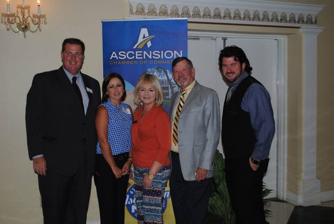 Ascension Chamber of Commerce President Matt Pryor, Becthel Corporation’s Stephenie Ransonet (Joint Chamber Luncheon Sponsor), Donaldsonville Chamber Executive Director Becky Katz, luncheon speaker Lane Grigsby of Cajun Contractors, and Donaldsonville Chamber President Paul Landry, IV stand together after the luncheon at Palazzo Bernardo’s in Donaldsonville.