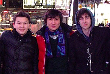 This undated photo shows, from left, Azamat Tazhayakov and Dias Kadyrbayev, from Kazakhstan, with Boston Marathon bombing suspect Dzhokhar Tsarnaev in Times Square in New York.