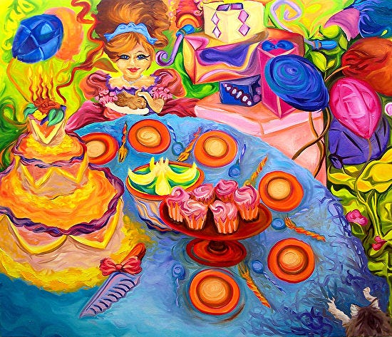 "Tea Party" is among the works by Mallory Sloss, whose solo show "Insatiable Palette" at the Upstairs Gallery in Lahaska.