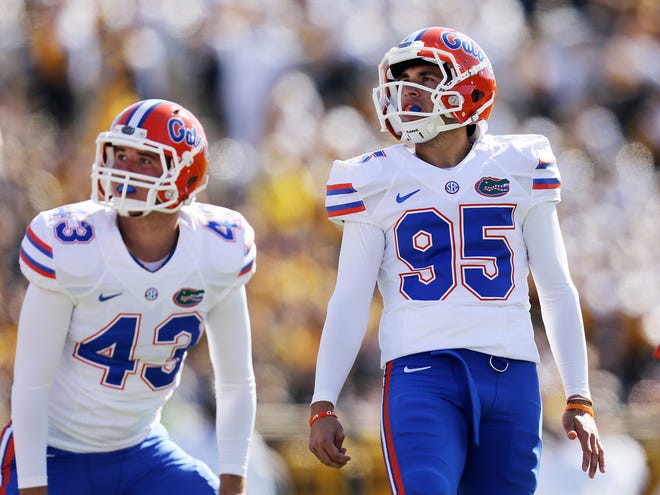 In this Oct. 19, 2013 file photo, Florida Gators kicker Francisco Velez (95) kicks a field goal against Missouri during the second half at Faurot Field in Columbia, Mo. The Ocala walk-on has won a scholarship on the team.