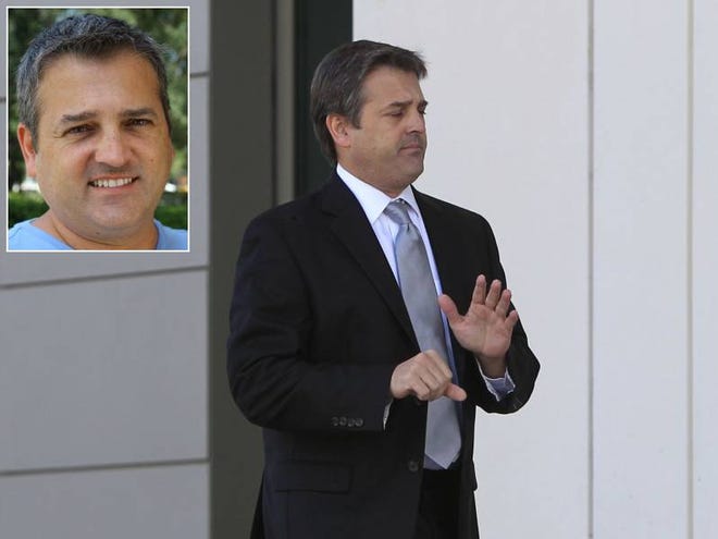 Waverly Media investor Jimmy Sotolongo, inset, before his interview with The News-Journal on Thursday. Above, he waits outside Orlando's Federal District Court in February before his mortgage fraud case plea deal was rejected.