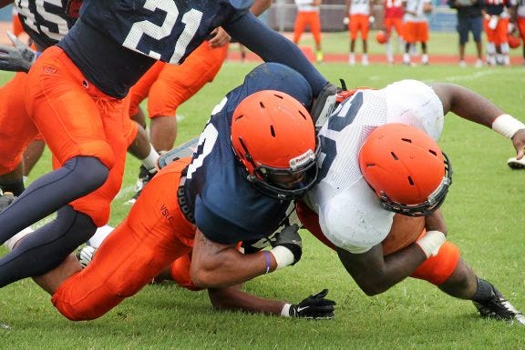 contributed photos of VSU SPORTS INFORMATION
Photos are of the Virginia State football team's scrimmage at Roger Stadium on Saturday.