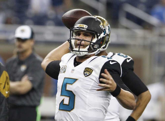 Jacksonville Jaguars quarterback Blake Bortles throws during warmups for a preseason NFL football game against the Detroit Lions at Ford Field in Detroit, Friday, Aug. 22, 2014. (AP Photo/Duane Burleson)