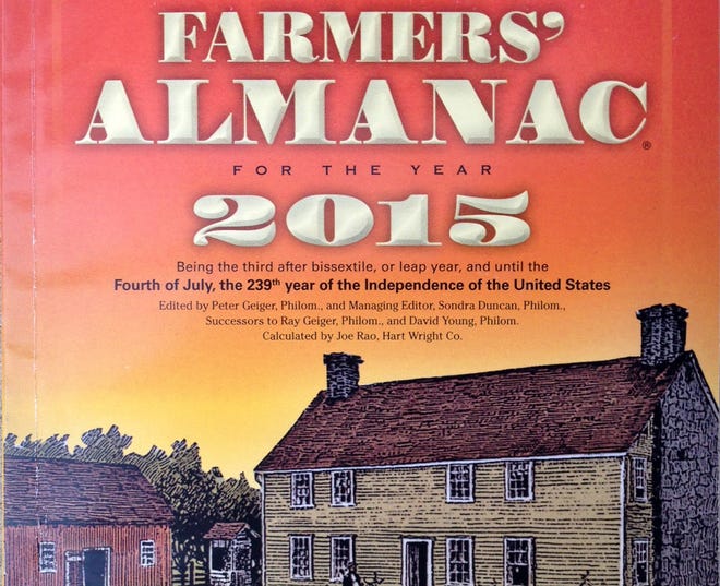 The 2015 edition of the Farmers' Almanac is seen in Lewiston, Maine, Sunday, Aug. 24, 2014. The 198-year-old publication correctly predicted the past nasty winter while federal forecasters blew it. Memories of the notorious "polar vortex" won't soon be forgotten, and the publication is predicting more of the same for the coming winter.