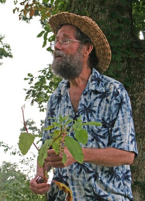 Naturalist Doug Elliott talks about the medicinal and edible qualities of pokeweed during a foraging workshop Sunday at Living Web Farms in Mills River, N.C.
