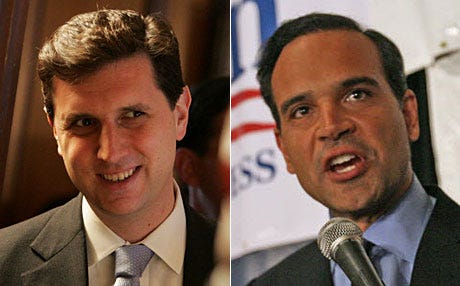 Democratic candidates for R.I. general treasurer Seth Magaziner, left, and Frank Caprio.