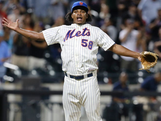 New York Mets closer Jenrry Mejia reacts after striking out Atlanta's Evan Gattis to end Tuesday's game in New York.