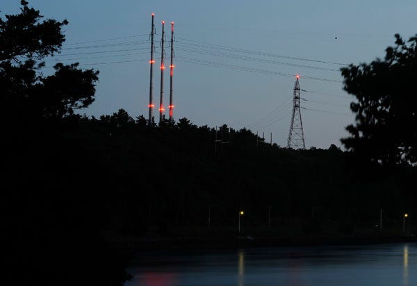 BOURNEDALE - Neighbors have complained about this lighting on transmission towers on either side of the Cape Cod Canal in Bourne.