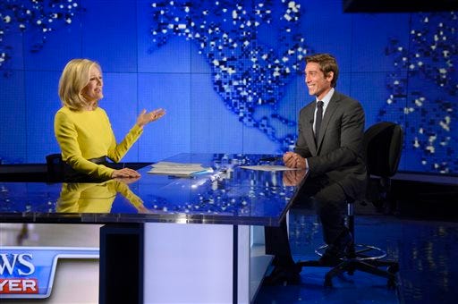 In this Wed., Aug. 27, 2014 photo provided by ABC, Diane Sawyer, left, signs off on her last broadcast as anchor of "World News," in New York. Sawyer told viewers that it has been wonderful to be the "home port" of the network's news team each weeknight. David Muir, right, will become anchor and managing editor of the program in September. (AP Photo/ABC, Ida Mae Astute)