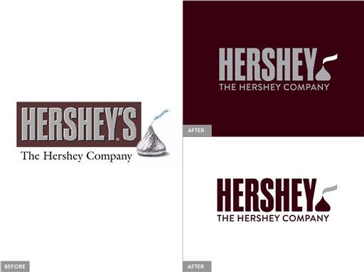 This image provided by The Hershey Company shows the company's old and new corporate logos. On Friday, Aug. 29, 2014, the candy maker announced a new design, which adds a Kisses chocolate at the end of the company’s name. (AP Photo/The Hershey Company)
