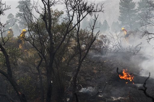 Firefighters work the Eiler Fire on Monday, Aug. 4, 2014, near Burney, Calif. Fire officials say higher humidy and light rain overnight helped crews battling two wildfires that burned or threatened hundreds of homes in Northern California. (AP Photo/The Record Searchlight, Andreas Fuhrmann)
