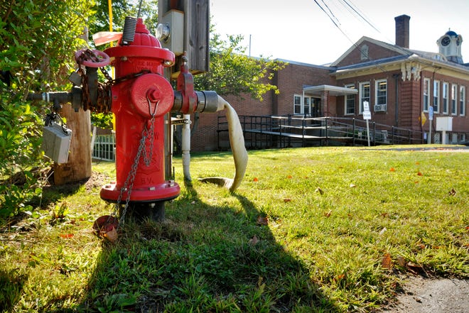 During a process known as "blow off," this fire hydrant releases fresh water into the ground in front of Charlton Town Hall at 37 Main Street, Charlton. The process helps maintain the water quality and freshness within the system.