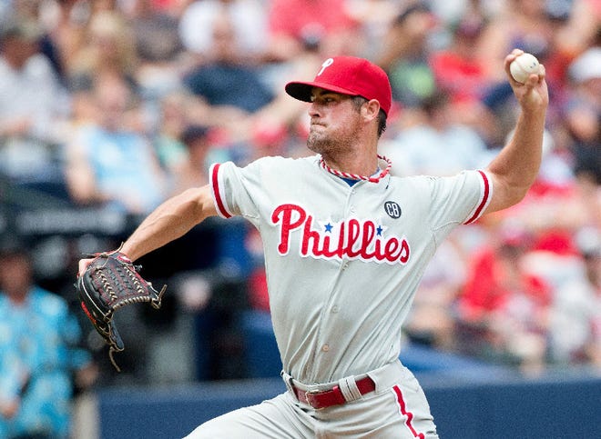 Phillies starting pitcher Cole Hamels throws a pitch in the second inning against the Atlanta Braves on Monday. Hamels and three relievers combined to no-hit Atlanta, the Phillies first combined no-hitter in team history.