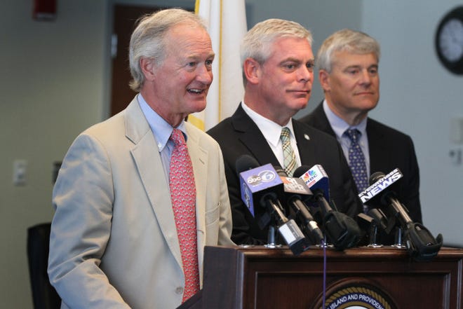Governor Chafee, Warwick Mayor Scott Avedisian, center, and Jon Savage, right, of the Airport Corporation announce the agreement with Condor Airlines.