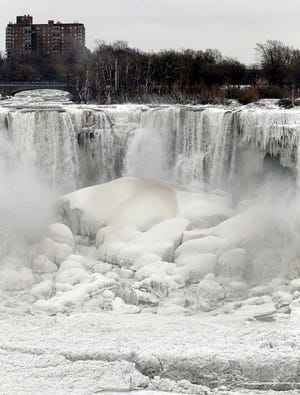 FILE - This Jan. 10, 2014 file photo shows the US side of Niagara Falls in New York beginning to thaw after the recent "polar vortex" that affected millions in the US and Canada. Remember the polar vortex, the huge mass of Arctic air that can plunge much of the U.S. into the deep freeze? You might have to get used to it. we should see more of these in the future because a study partially links these polar vortex related cold outbreaks to loss of sea ice off Russia as the world gets warmer. But we have to note that last year's polar vortex chill was slightly different and not connected to sea ice loss, researchers say. (AP Photo/Nick LoVerde, File)