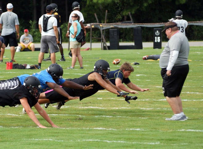 Jamie Parker/Bryan County NowUnder the watchful eyes of Robert Parker, RHHS assistant football coach, Wildcat players workout during the preseason. All the practice gets put to the test Friday when RHHS hosts Johnson High School in their season opener.
