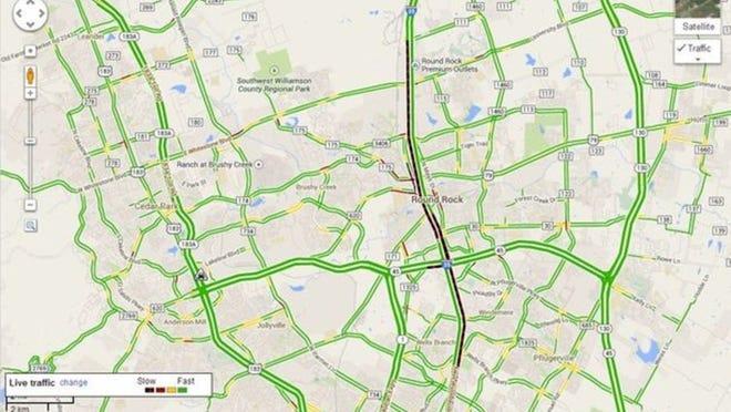 A Google map shows traffic congestion at 3 p.m. Wednesday stretching north of Round Rock to south of town.