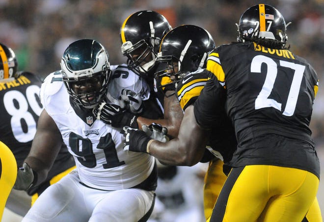 Philadelphia Eagles' Fletcher Cox, shown in a preseason game against the Steelers, was fined more than $16,000 for a hit on Jaguars quarterback Chad Henne last Sunday, on a play that didn't draw a penalty flag.