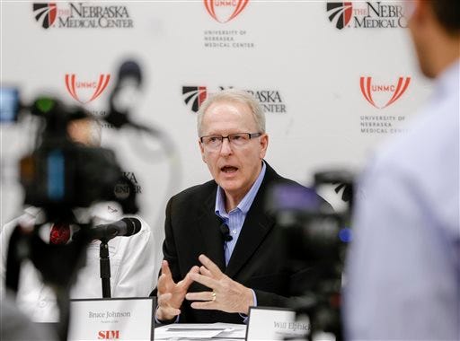 SIM USA President Bruce Johnson speaks at a news conference in Omaha, Neb., Friday Sept. 5, 2014, on the condition of ebola patient Dr. Rick Sacra, 51, who is being treated at the Nebraska Medical Center in Omaha, Neb. Sacra, who served with North Carolina-based charity SIM, is the third American aid worker infected by the Ebola virus. He will begin treatment in the hospital's 10-bed special isolation unit, the largest of four such units in the U.S.