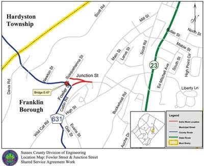 The map shows where the county will be paving Route 631 and the Littell Bridge (shown in blue). As part of an agreement with Franklin to be approved Wednesday, paving will continue on Fowler Street to a portion of Junction Street (shown in red).