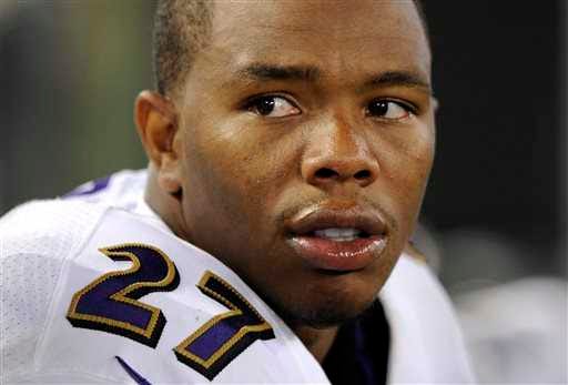In this Aug. 7, 2014, file photo, Baltimore Ravens running back Ray Rice sits on the sideline in the first half of an NFL preseason football game against the San Francisco 49ers in Baltimore. The Ravens have cut Ray Rice. Hours after the release of a video that appears to show Rice striking his then-fiancee in February, the team terminated his contract Monday, Sept. 8, 2014.