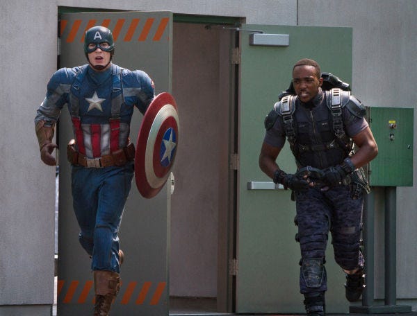 This time, Cap gets an assist from The Falcon (Anthony Mackie).