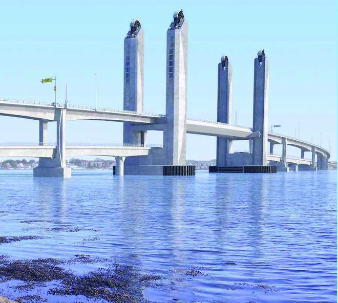 A view of the proposed design for the new Sarah Mildred Long Bridge as depicted from the Oak Terrace area near the Route 1 Bypass in Kittery, Maine.