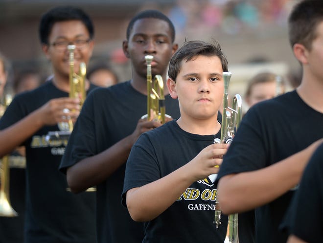 The Gaffney High School Band of Gold plays during halftime of a football game Aug. 29.