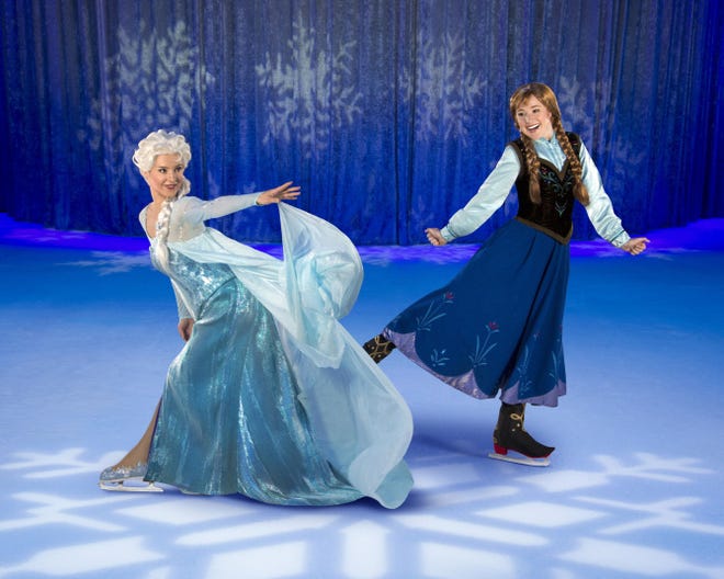 Characters Elsa and Anna skate in Disney on Ice's "Frozen," which begins at the Dunkin' Donuts Center in Providence on Wednesday.