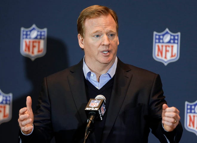 in this March 26, 2014 file photo, NFL Commissioner Roger Goodell answers questions during a news conference in Orlando. Goodell says the league asked for, but was not given, a just-released video showing former Baltimore Ravens running back Ray Rice hitting his then-fiancee on an elevator.